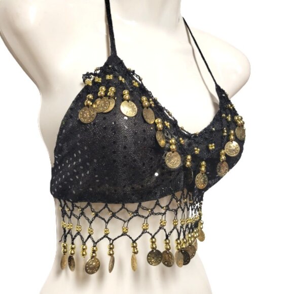 Black BellyDance Top with Gold Coin Tassels NEW - Picture 2 of 8